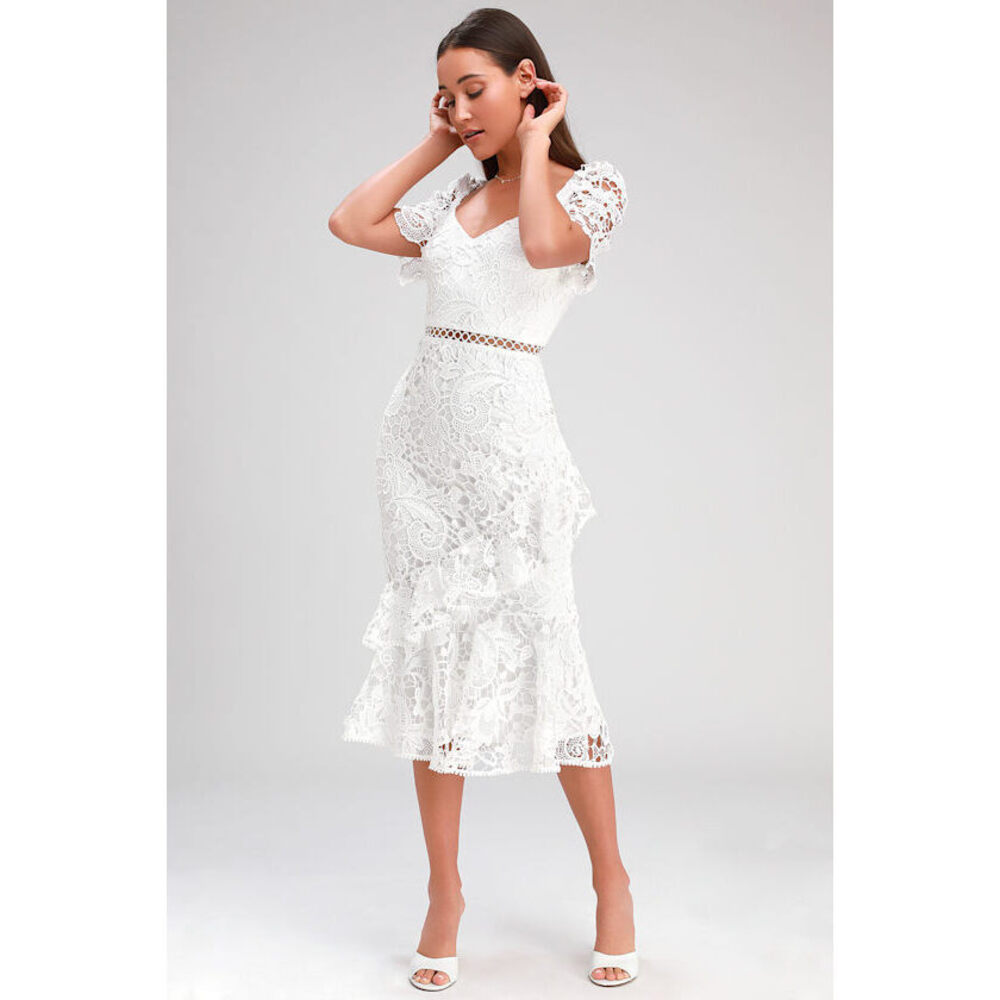 Lulus Briarwood White Lace Ruffled Midi Dress - Size M